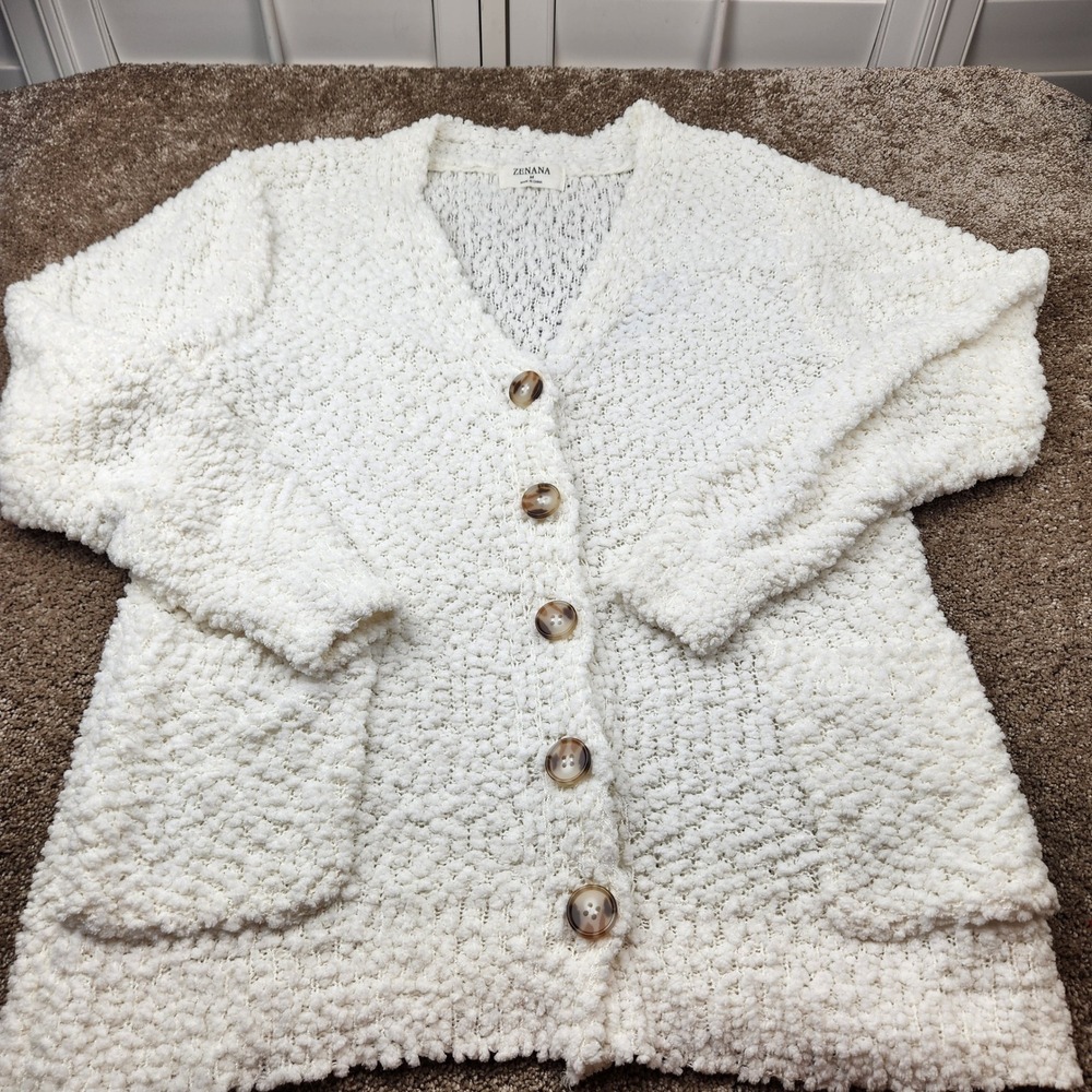 Zenana Women Off White Popcorn Knit Button Front V-Neck Cardigan Sweater